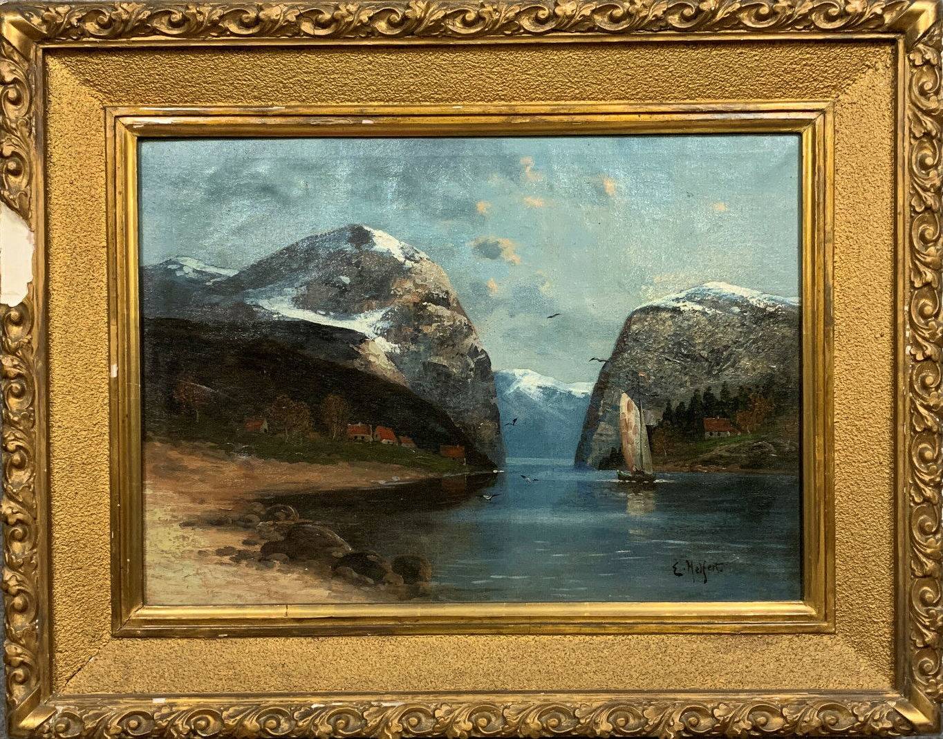 Willy Erik Helfert : grande huile sur toile paysage lacustre avec vue des alpes