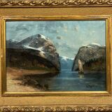 Willy Erik Helfert: large oil on canvas lake landscape with view of the Alps