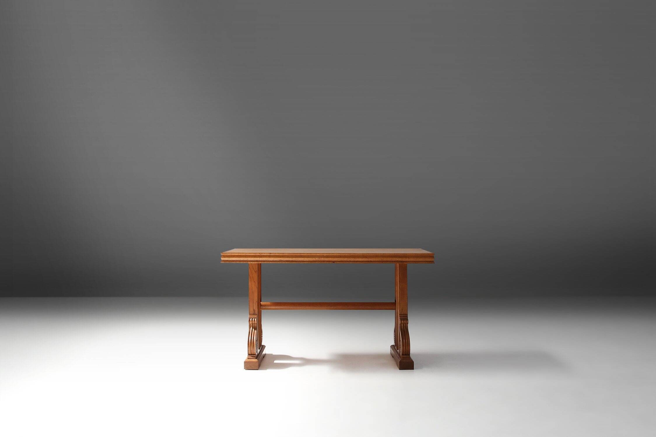 Art Deco Oak Coffee Table with Sculpted Details, Belgium 1940s