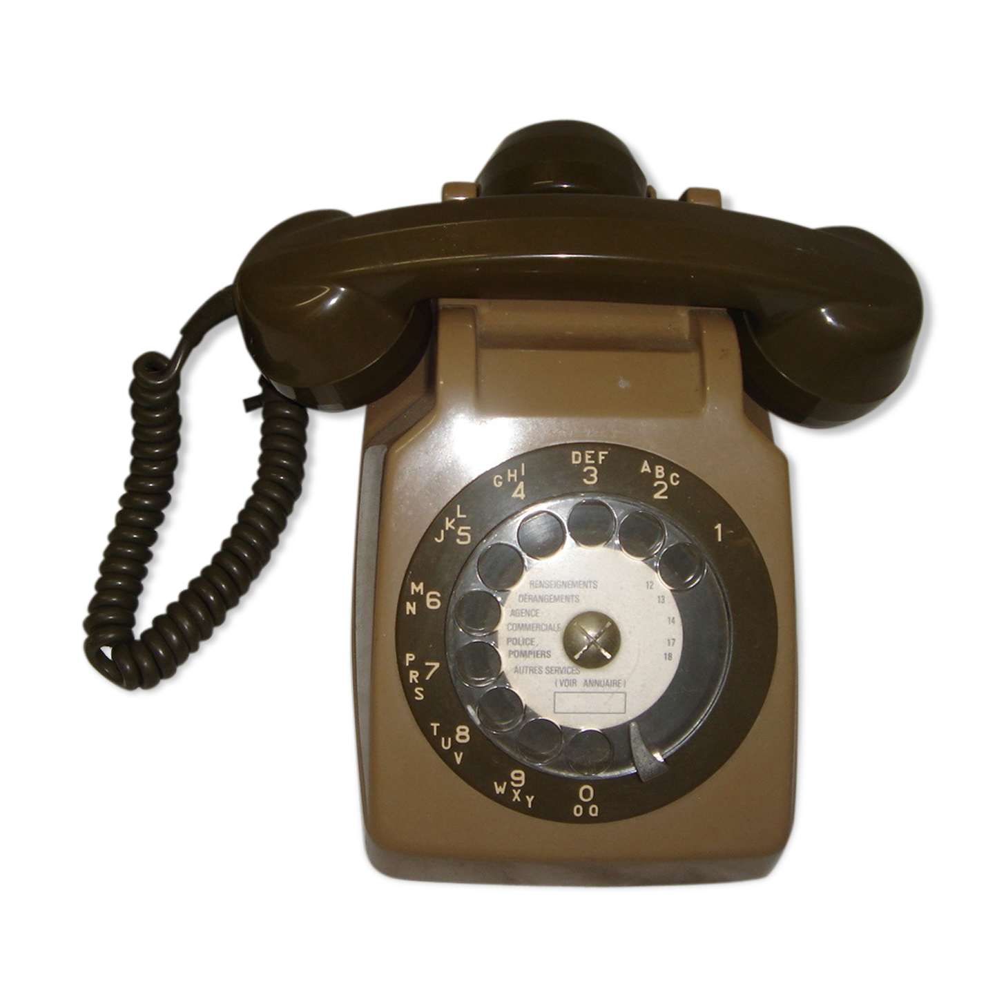 Ancien téléphone ptt à cadran, gris et vert de 1970