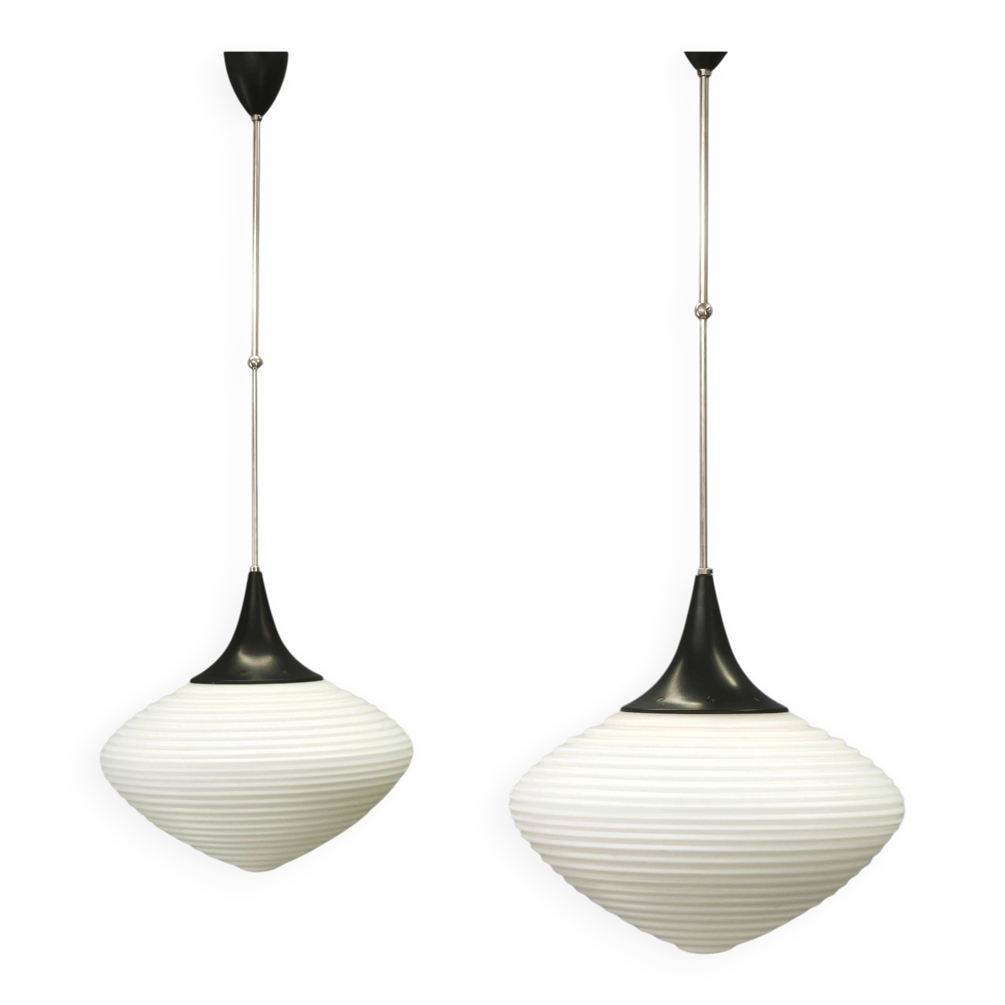 Pair of Space Age Opaline Glass Pendants, Czechoslovakia, 1970s