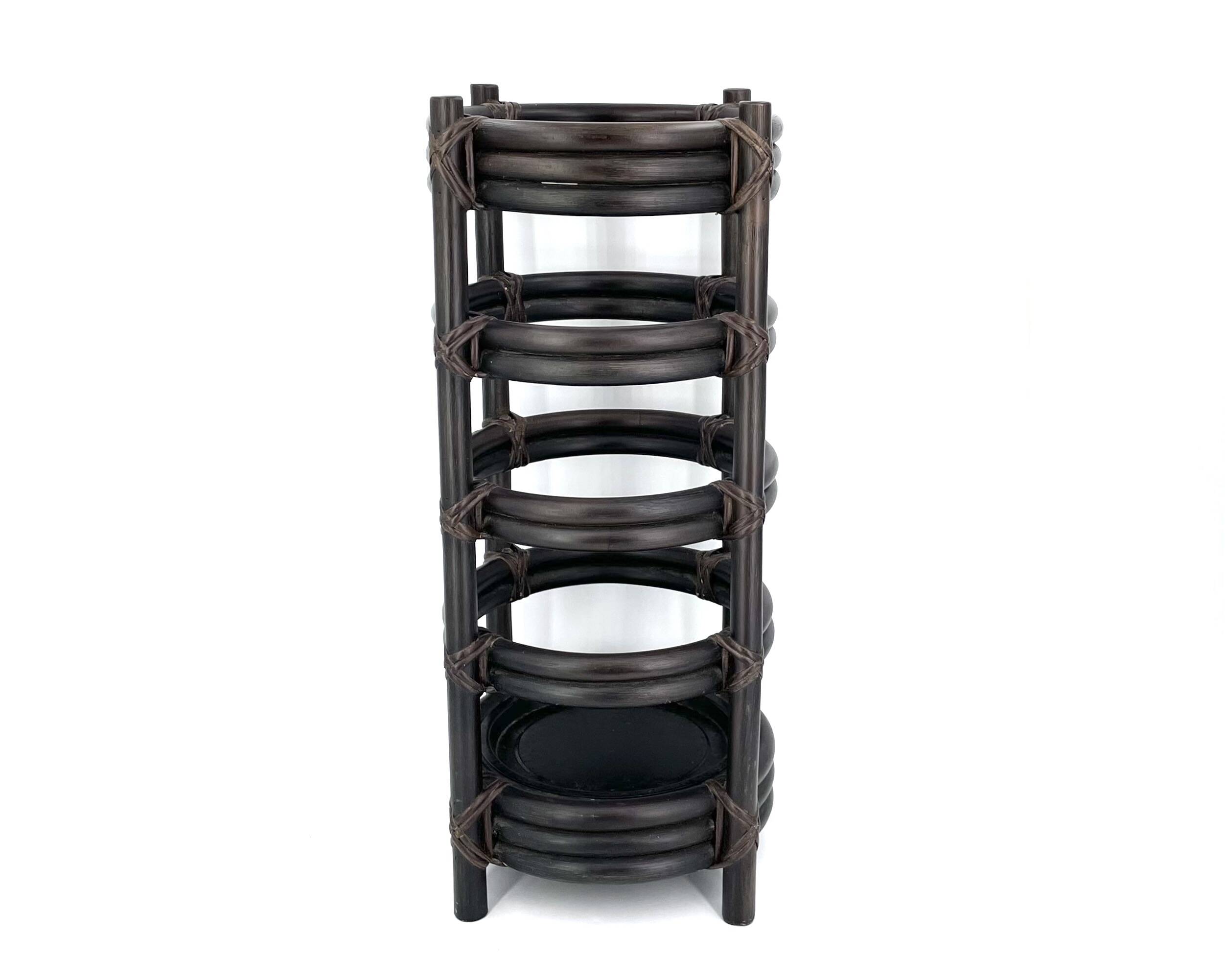 Dark rattan bamboo umbrella stand, 70s