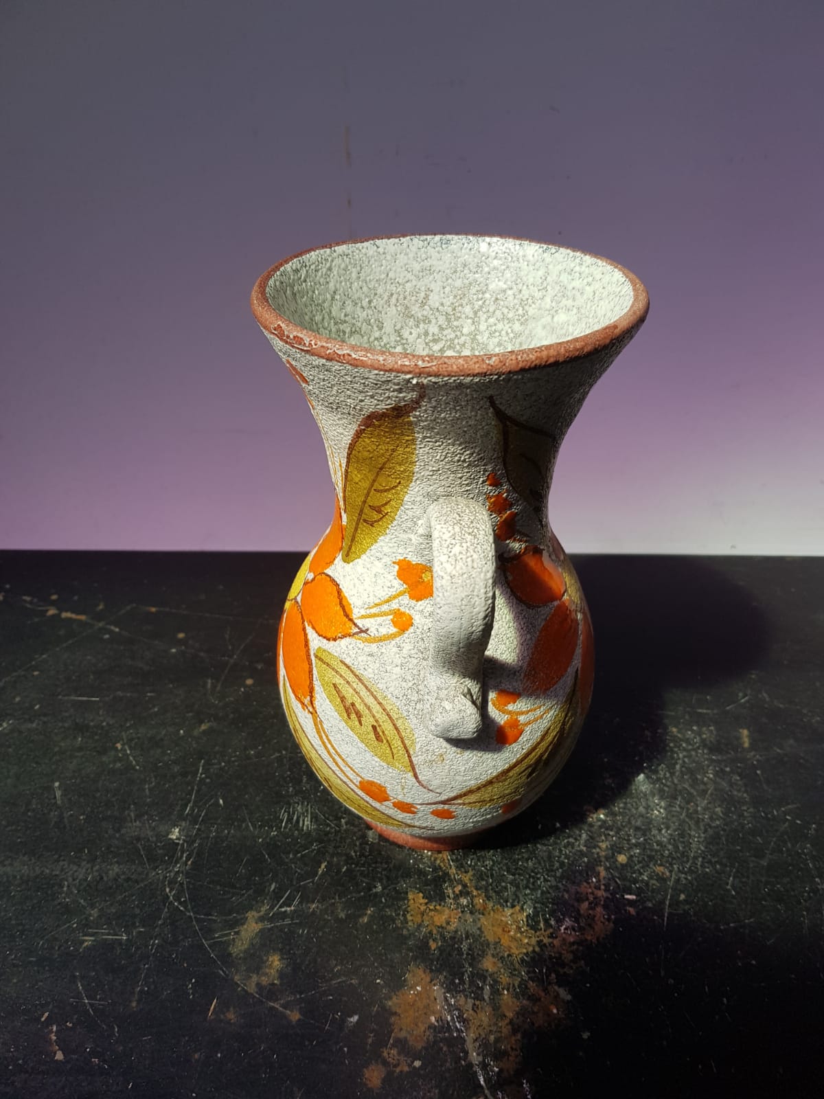 Old vase with enamelled ceramic coves décor flowers made in italy vintage