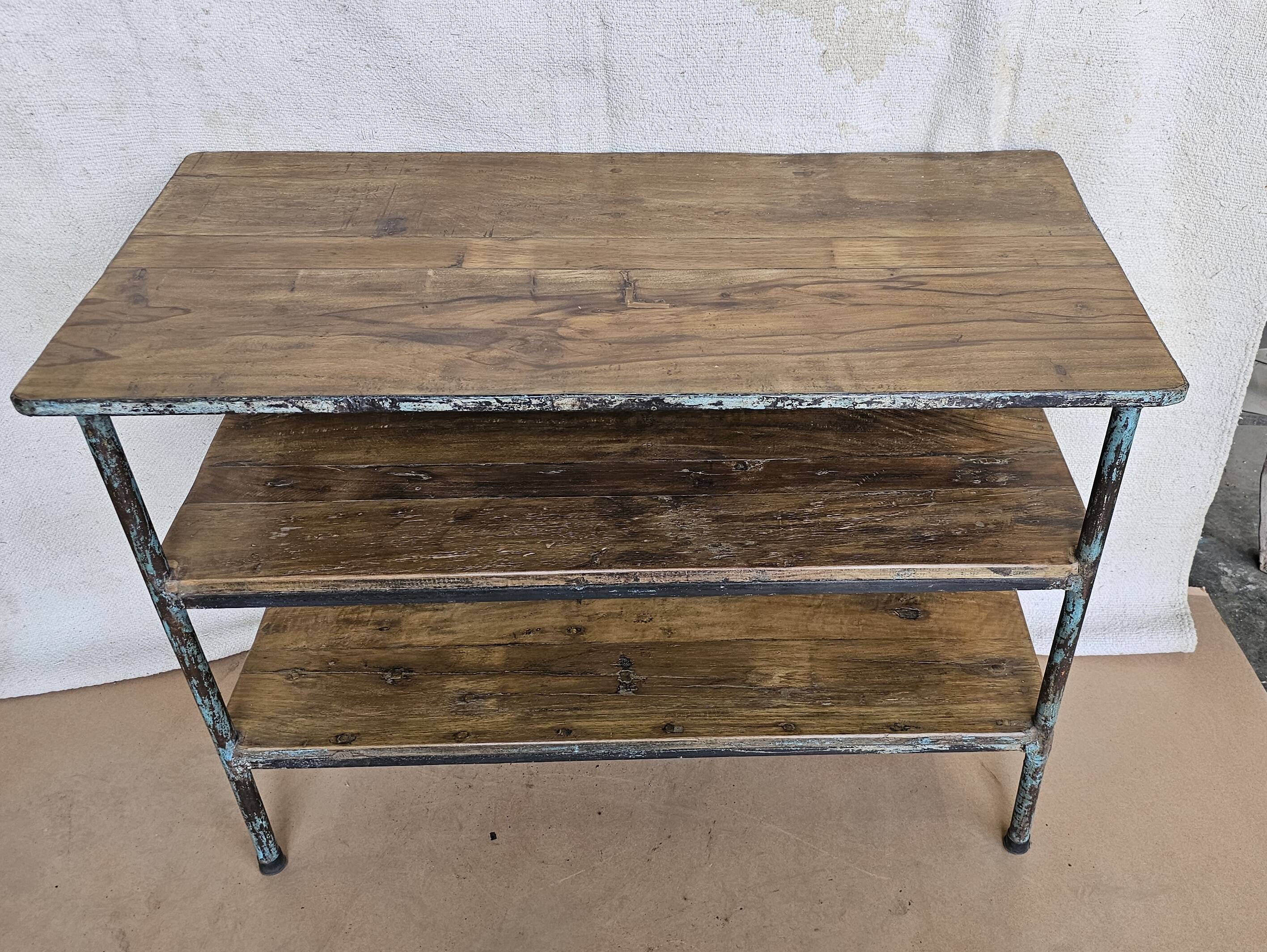 Textile workshop console in teak and wrought iron