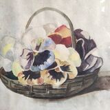 Aquarelle française ancienne avec un panier rempli de pensées