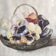 Vintage French watercolour with a basket  full of pansies