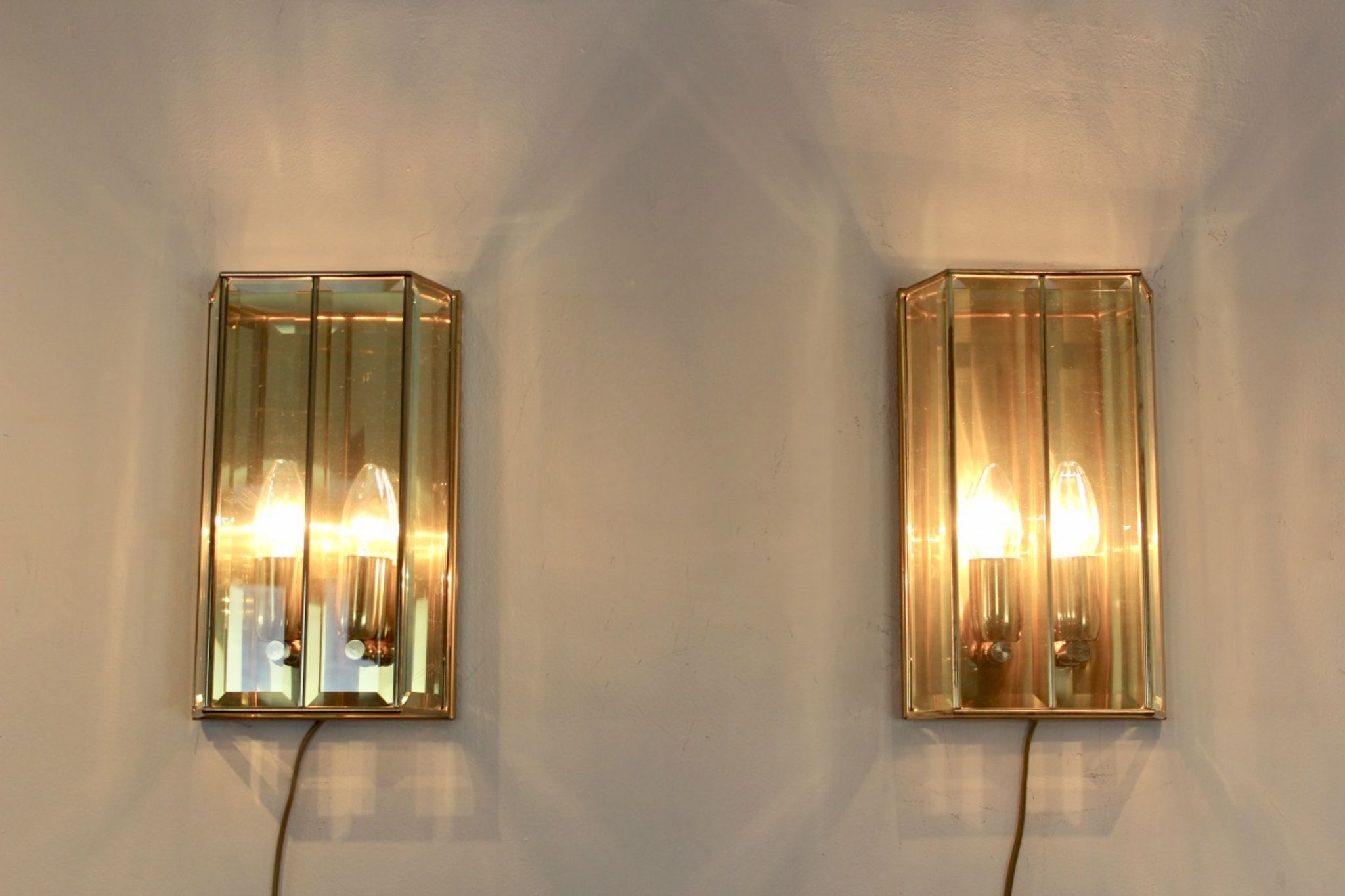 Glamorous pair of French Brass & Facet Glass Sconces