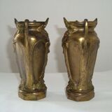 Pair of Small Cast Iron Vases Patterns Grapes Vines France Vintage Art Nouveau