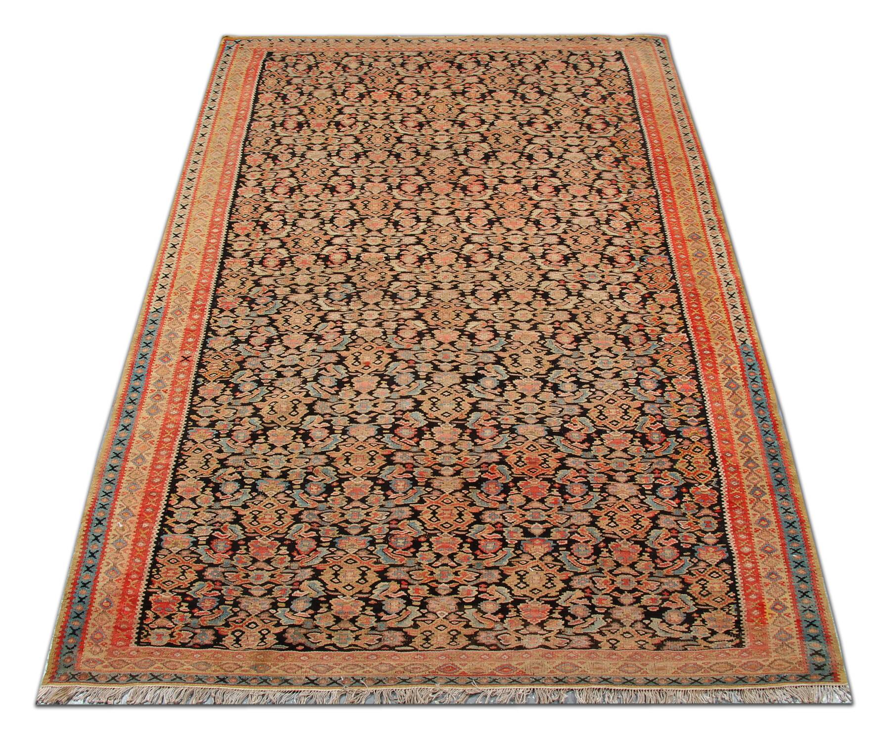 Rare Antique Rust Kilim Rug Floral Geometric Wool Carpet