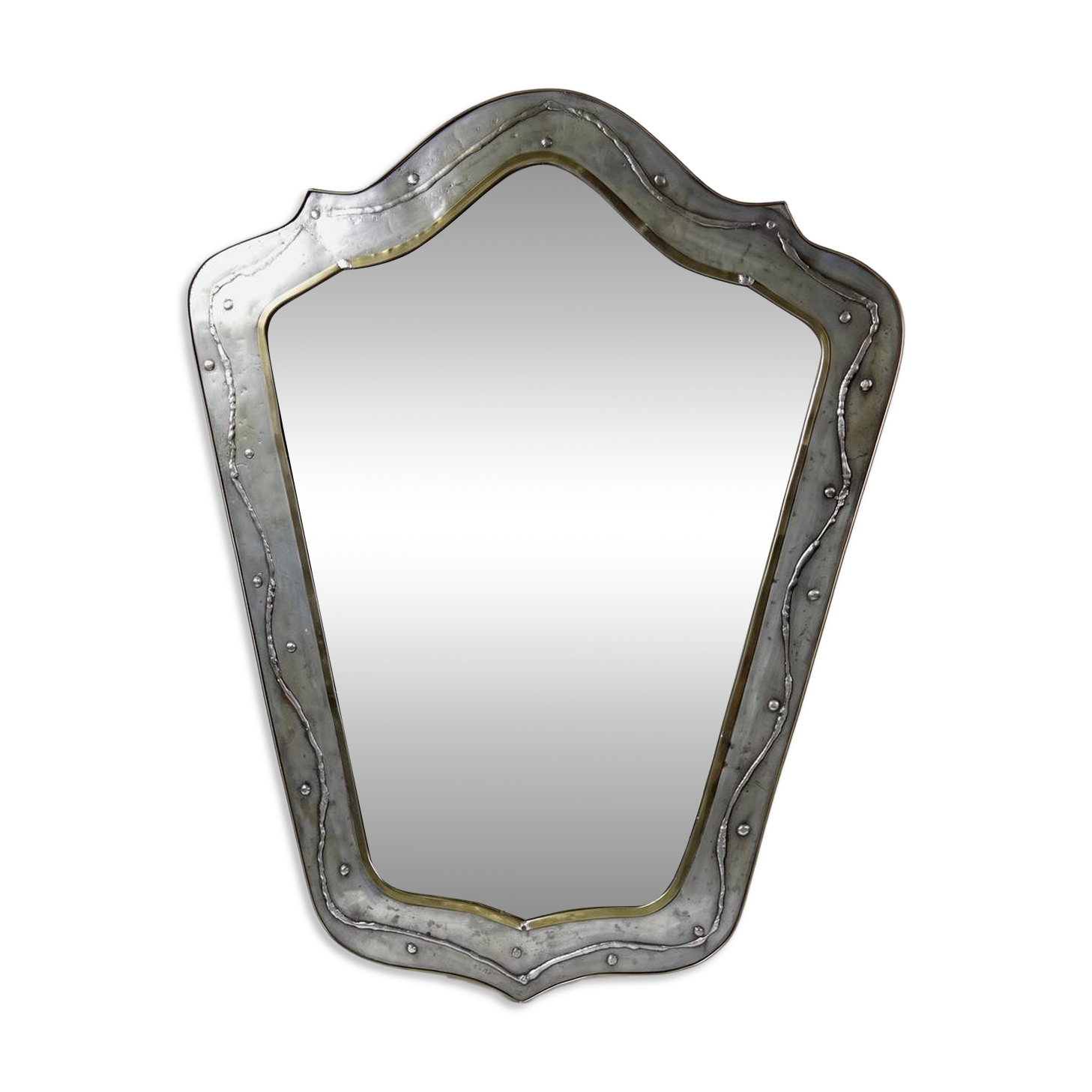 Brutalist mirror by Jean Goardère, brass and tin, 1970s.