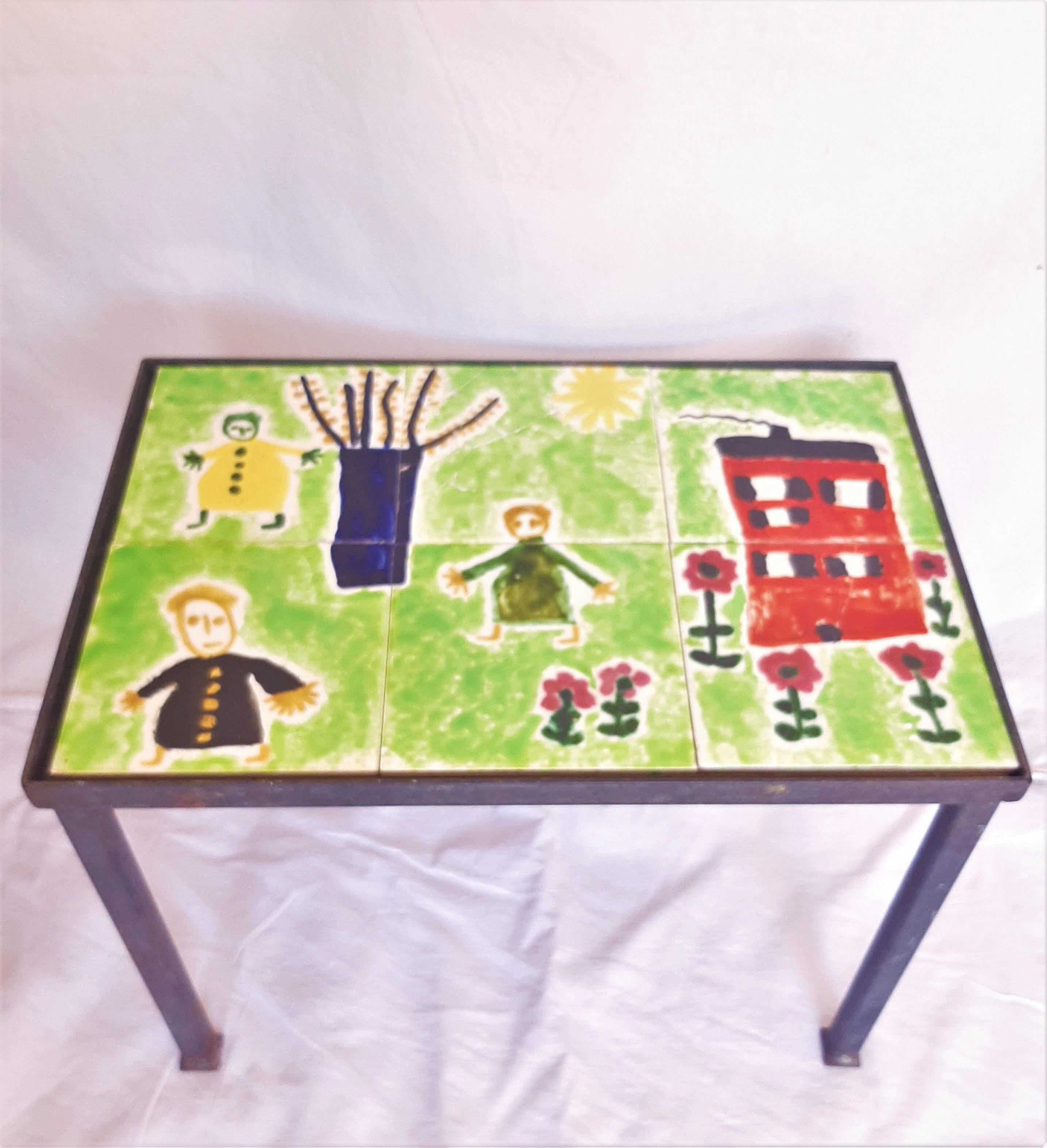 Children's coffee table, 70s with naïve drawing on ceramics, iron frame