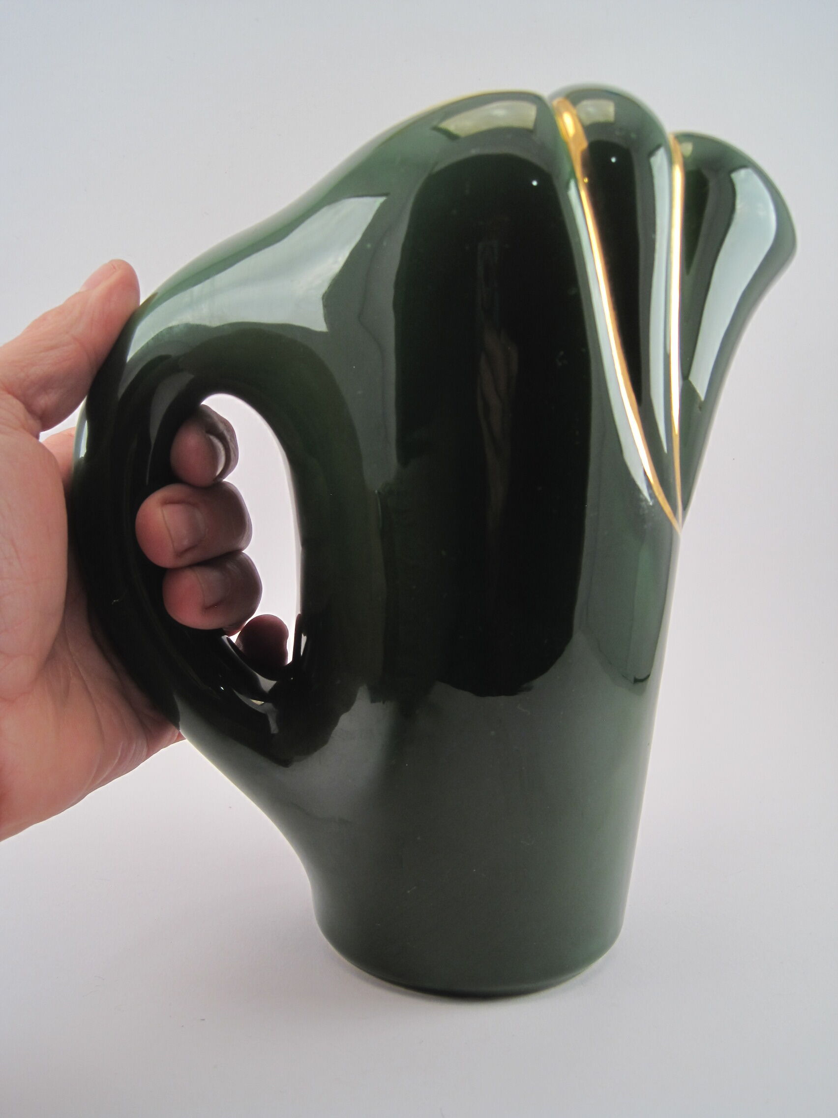 Modernist pitcher in green and gold glazed ceramic, brand MAGDALITHE MADE IN FRANCE around 1950 1