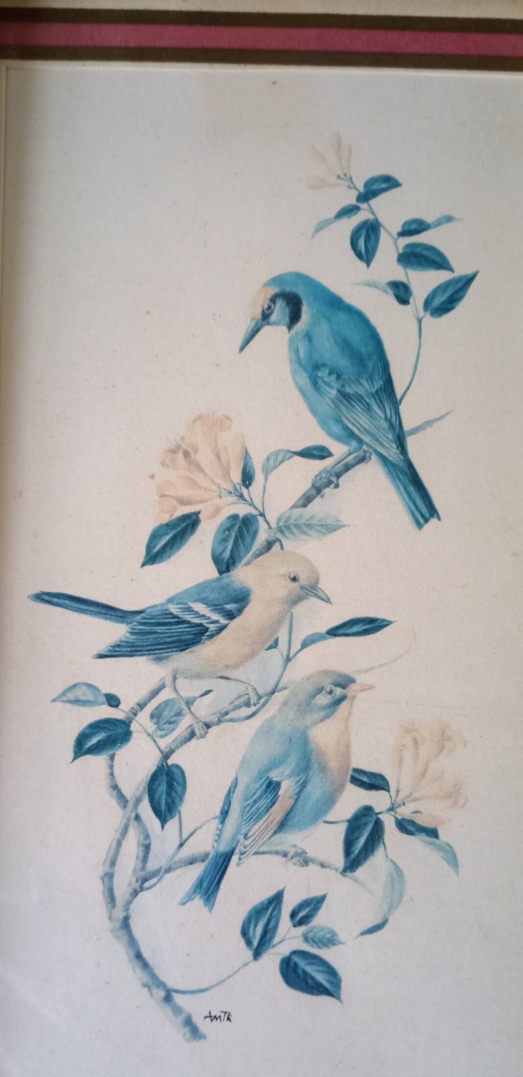 Painting with birds in an old golden frame