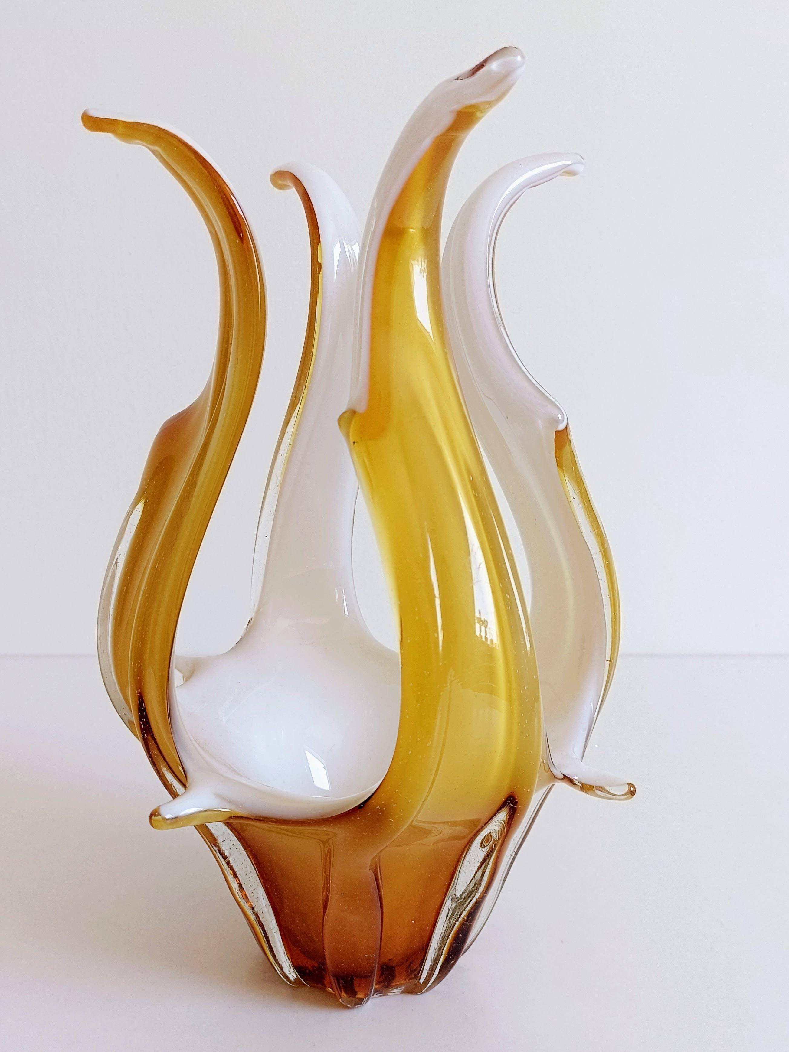 Mid-Century Modern Murano Glass Vase, Amber & Opal, Italy, 1960s