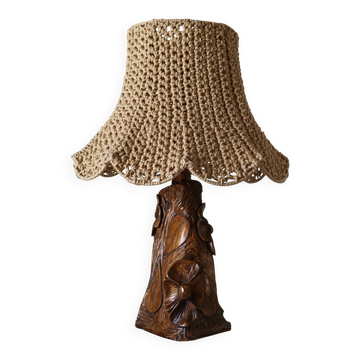 Lampe de table en bois sculpté et corde vintage
