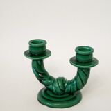 Pair of twisted green ceramic double candlesticks, 1960.