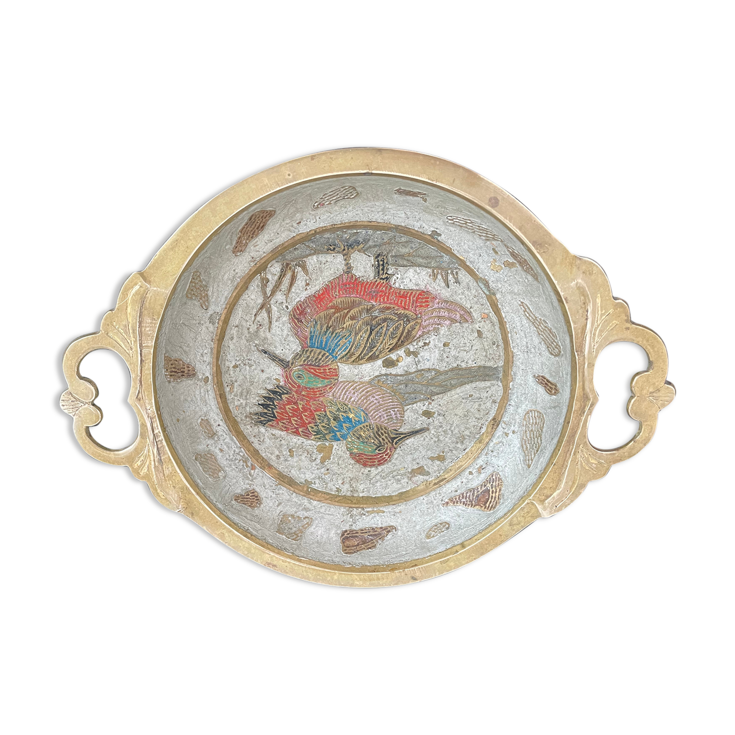 Antique chiseled brass cup - empty pocket - gold - gold color - painted birds - France