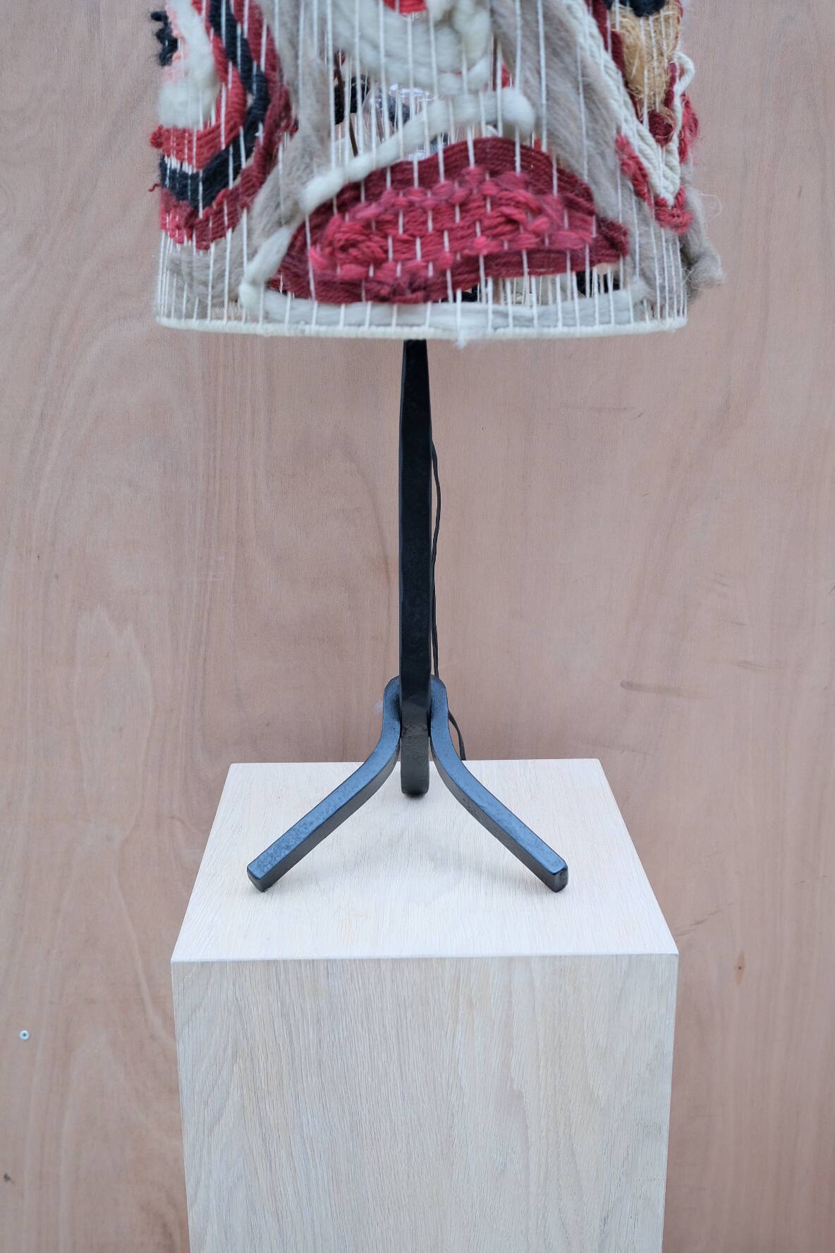 Modernist wrought iron lamp with wool lampshade, France 1950