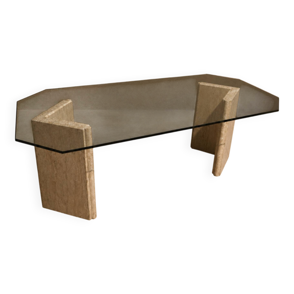 Table de salle à manger en travertin et verre fumé