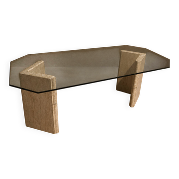 Dining table in travertine and smoked glass.