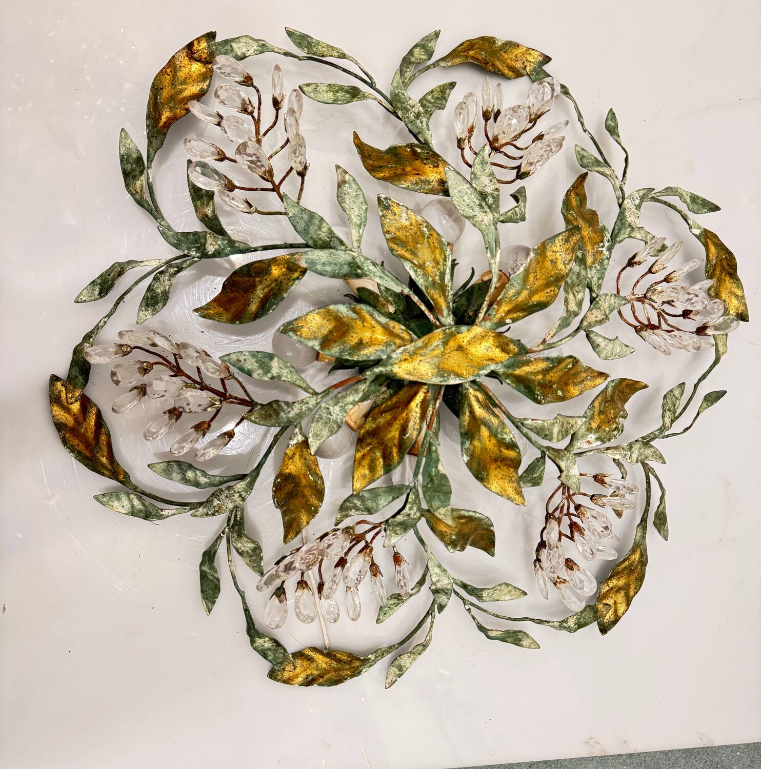 Large Florentine Tole Crystal Flushmount 1960’s