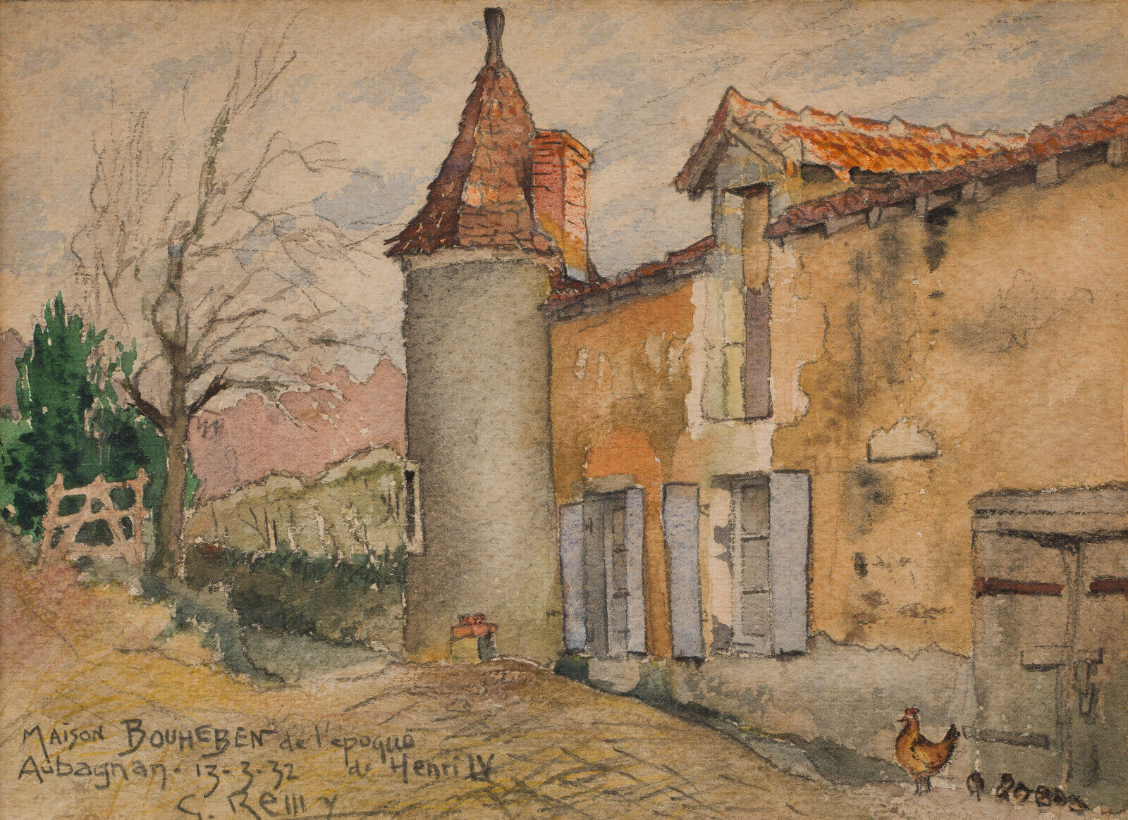 Watercolor on paper Maison Bouheben in Aubagnan by G. Rémy 1932