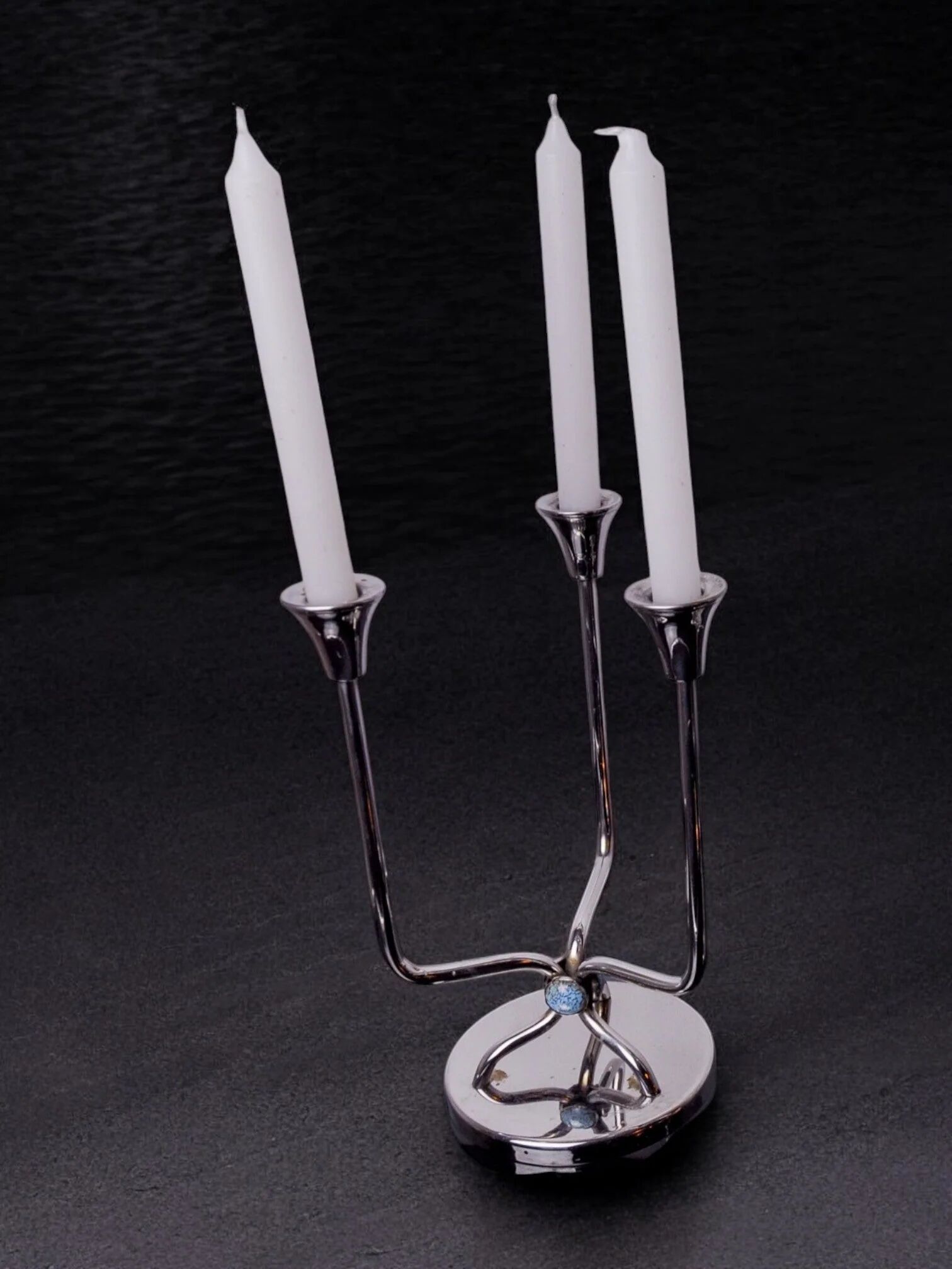 Art deco candlestick in stainless steel, 3 flames and blue stones, Spain, 1970