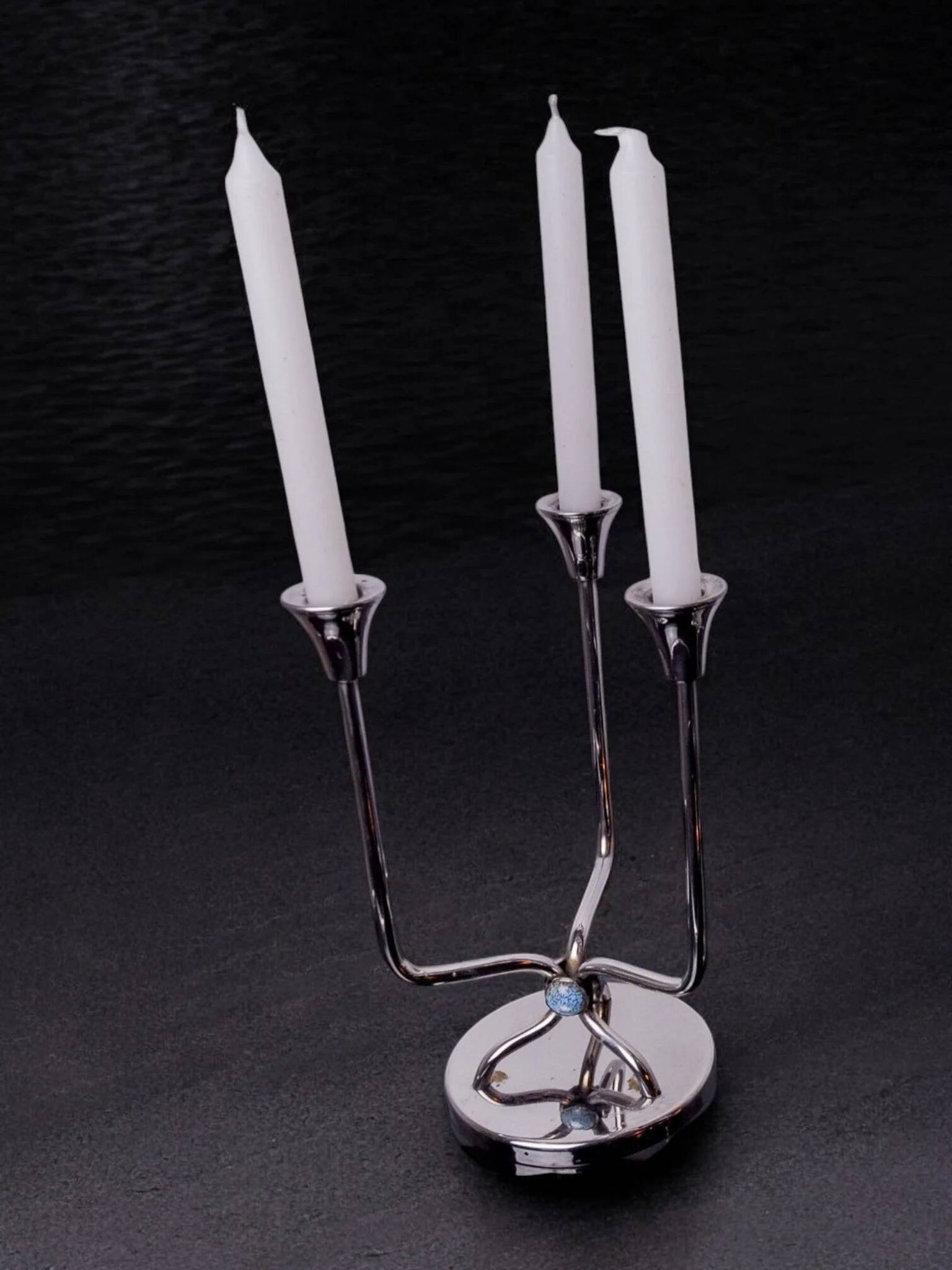 Art deco candlestick in stainless steel, 3 flames and blue stones, Spain, 1970