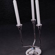 Art deco candlestick in stainless steel, 3 flames and blue stones, Spain, 1970