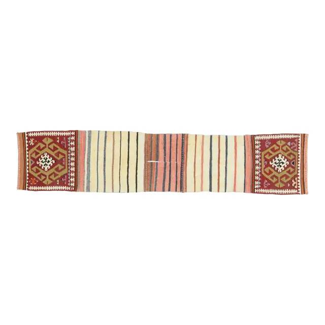 1970s Vintage Turkish Handmade Wool & Cotton White Runner Rug 47x222