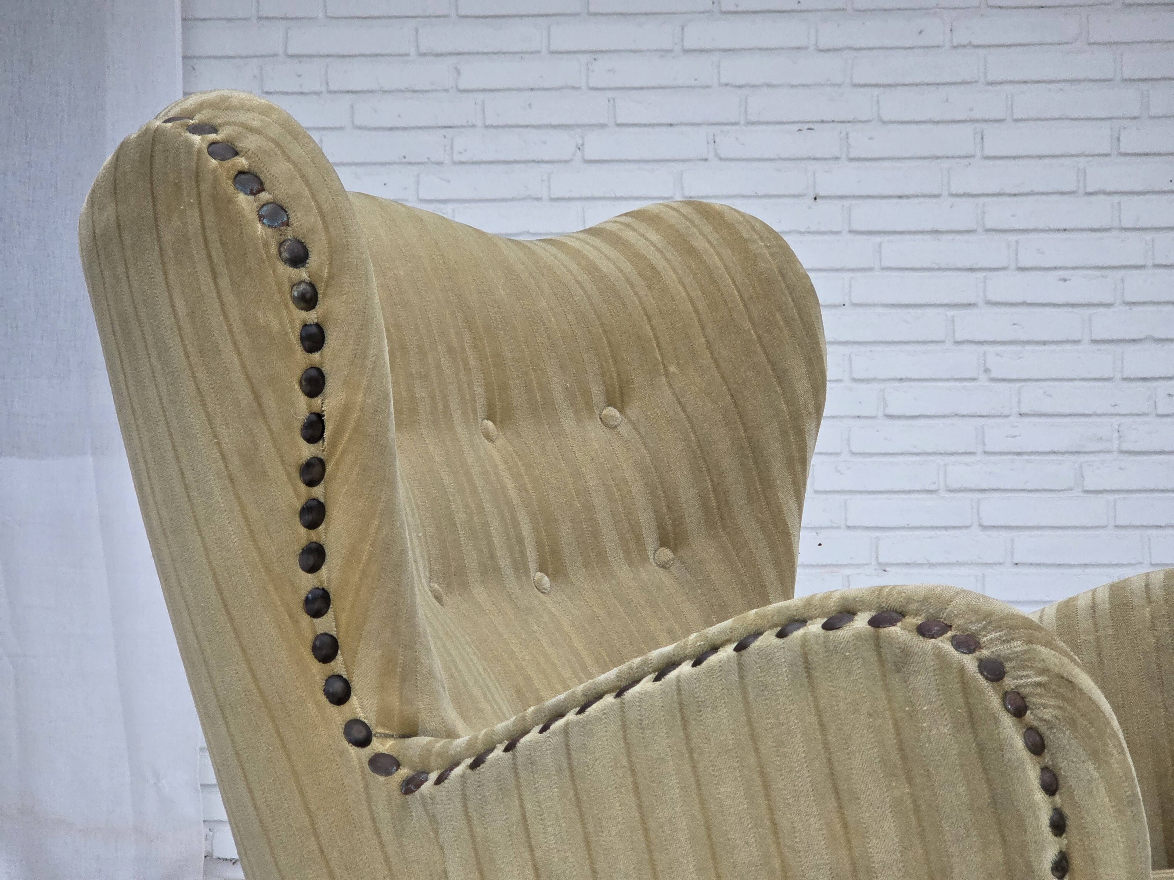 1960s, Danish armchair, light green furniture velour, beech wood.