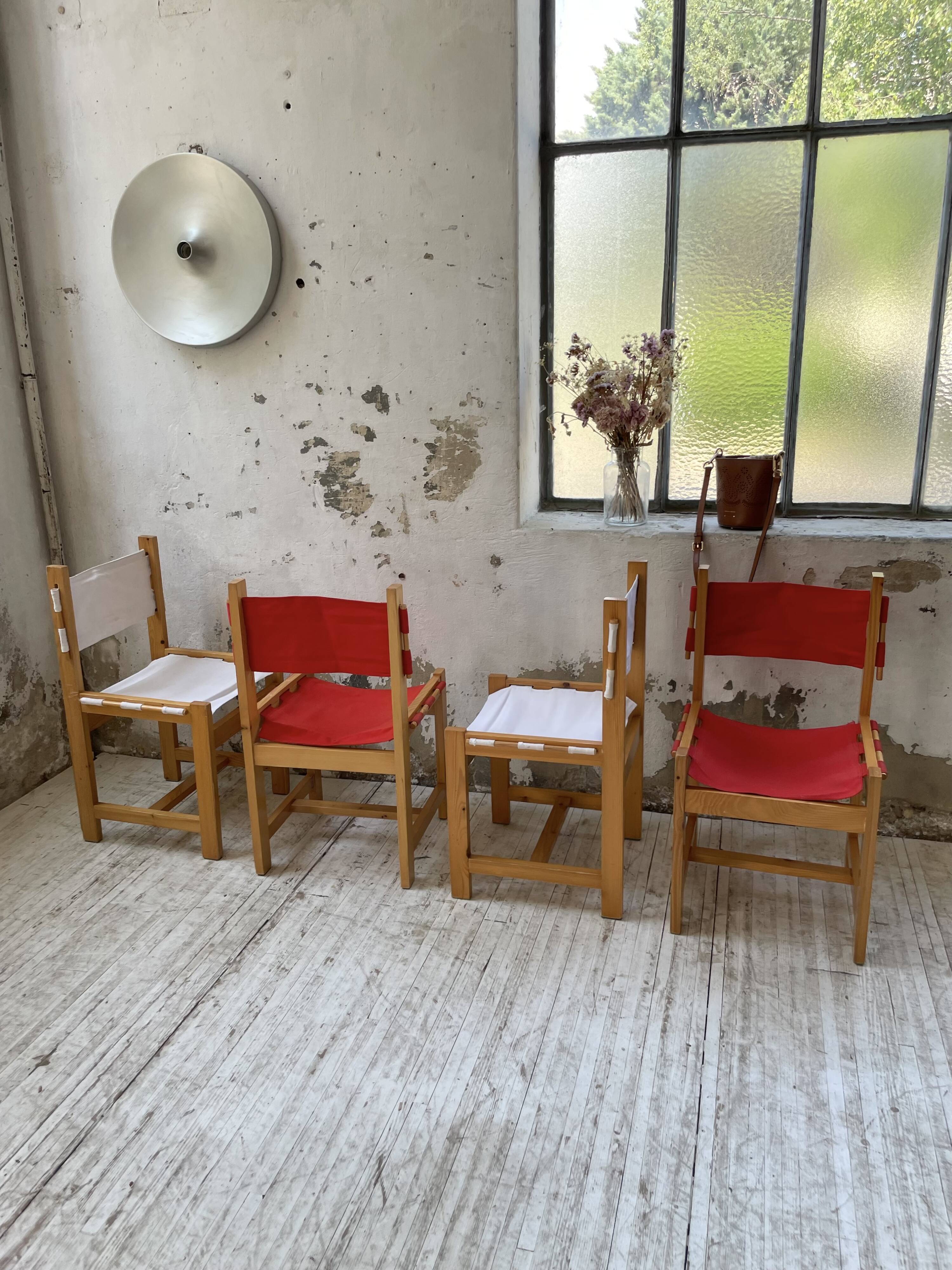 Set of 4 80s colored pine chairs