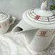 Vintage tea set in white porcelain with stripes, Moulin des Loups orcerame model "Richelieu"