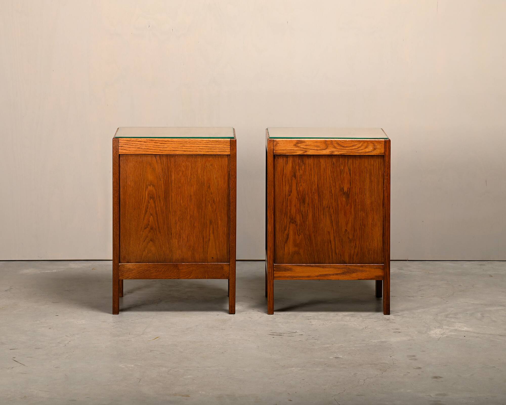 Art Deco Amsterdam School Nightstands pair in oak and glass, 1930s Netherla