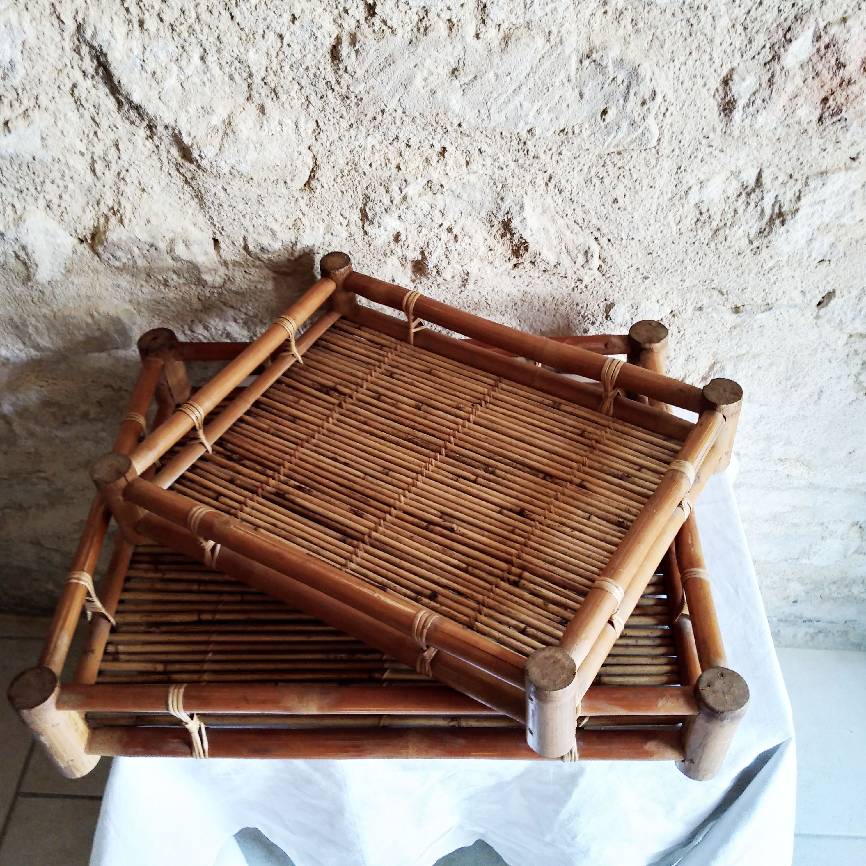 Two vintage bamboo trays
