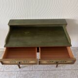 Wooden dressing table with olive green chair and floral patterns