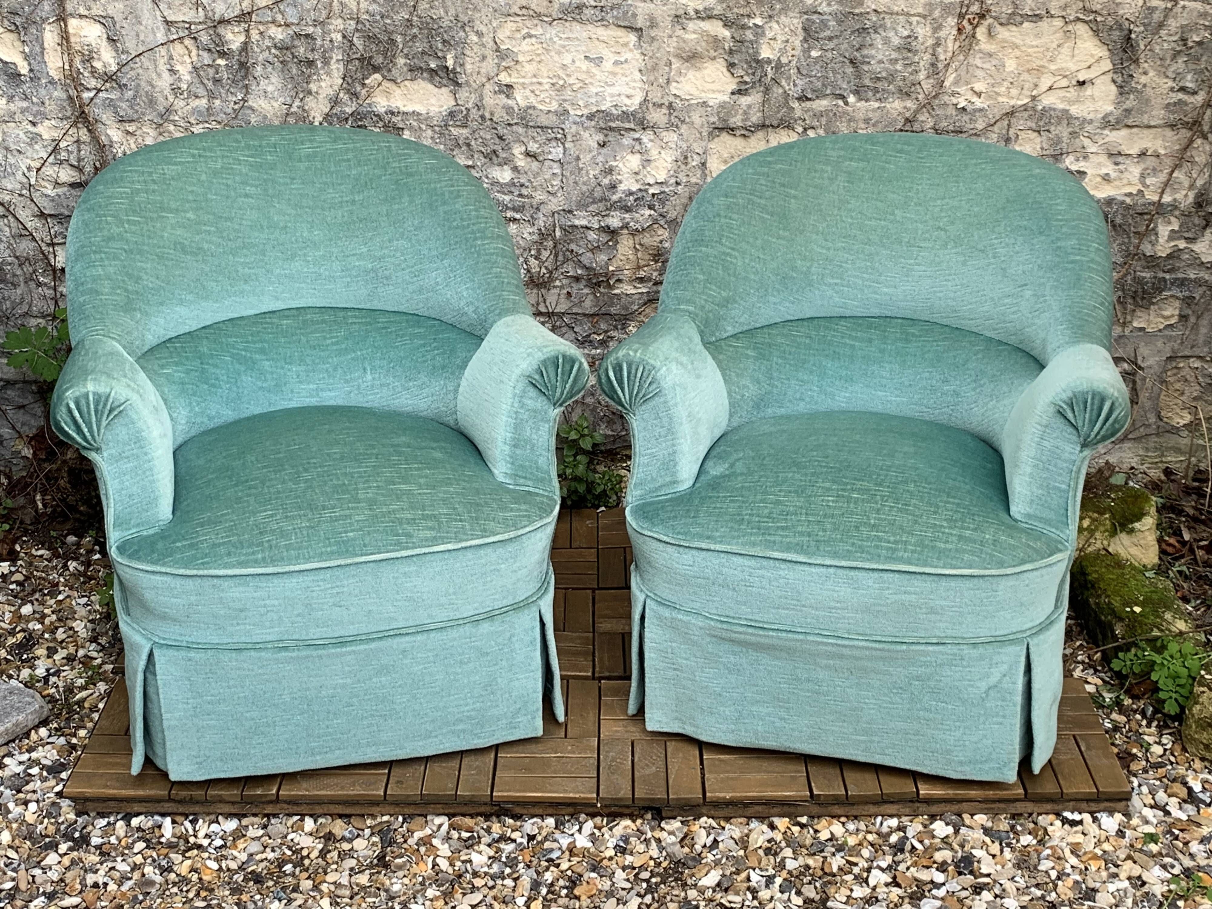 Pair of toad armchairs in water green velvet, 1970