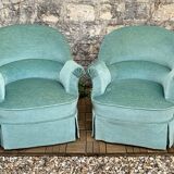 Paire de fauteuils crapaud velours vert d’eau 1970