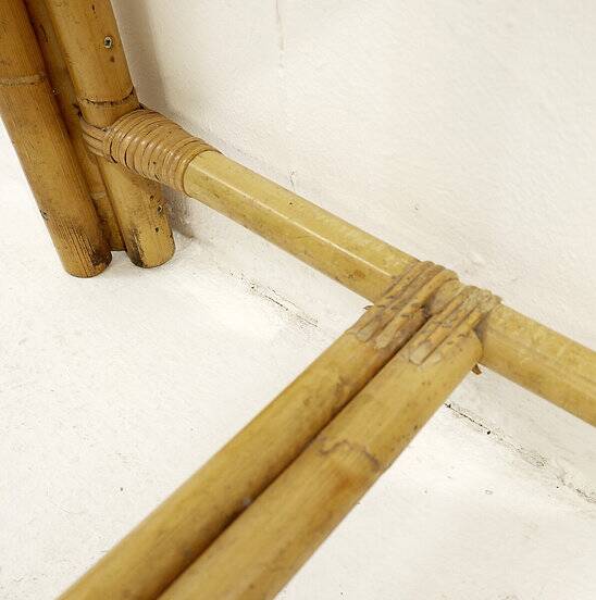 Pair of mid-century Italian half-moon bamboo and smoked glass console tables