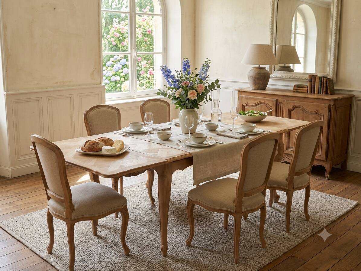 Table à manger Louis XV extensible rénovée en bois brut