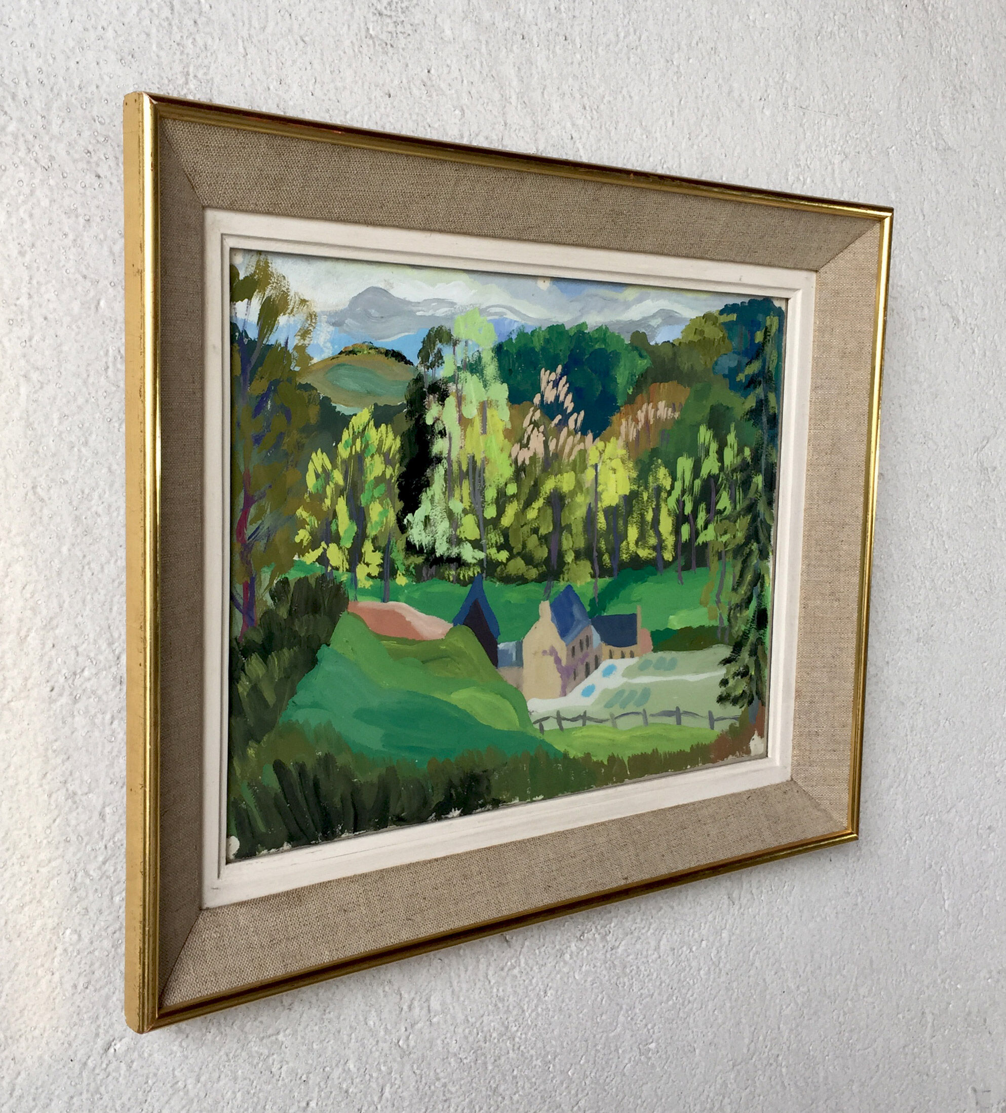Pyrenean hamlet gouache framed 50s