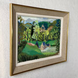 Pyrenean hamlet gouache framed 50s