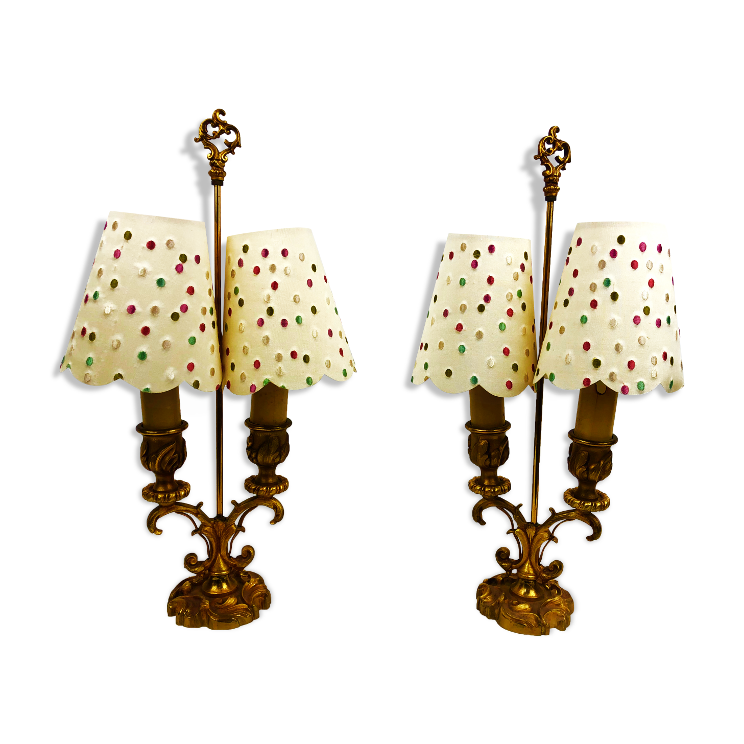 Pair of antique hot water bottle lamps in gilded bronze