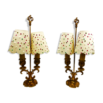 Pair of antique hot water bottle lamps in gilded bronze