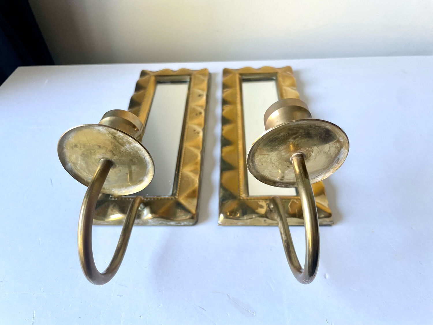 Pair of art deco vintage brass wall candle holders sconces
