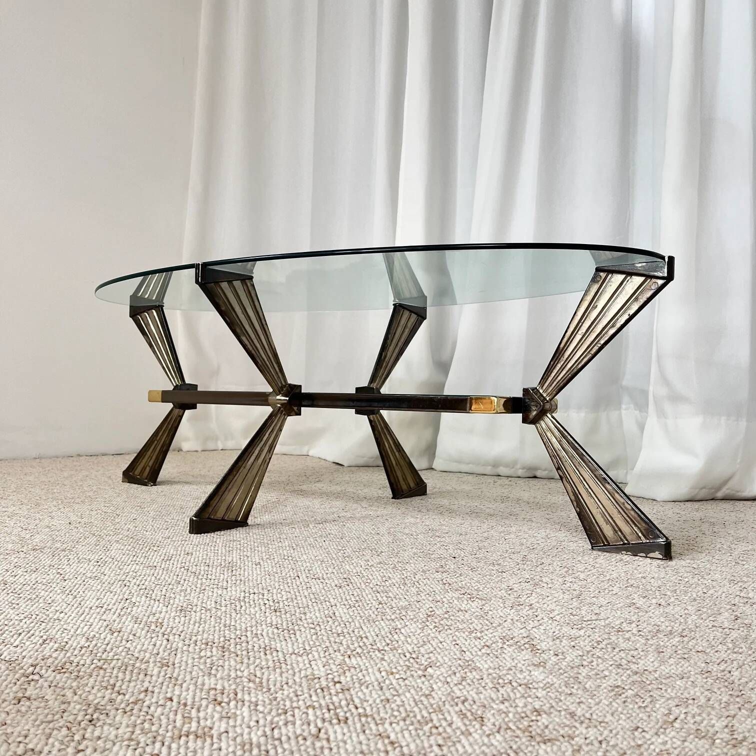 Vintage Italian coffee table in glass, chrome and brass metal, Hollywood Regency style, 1970s.
