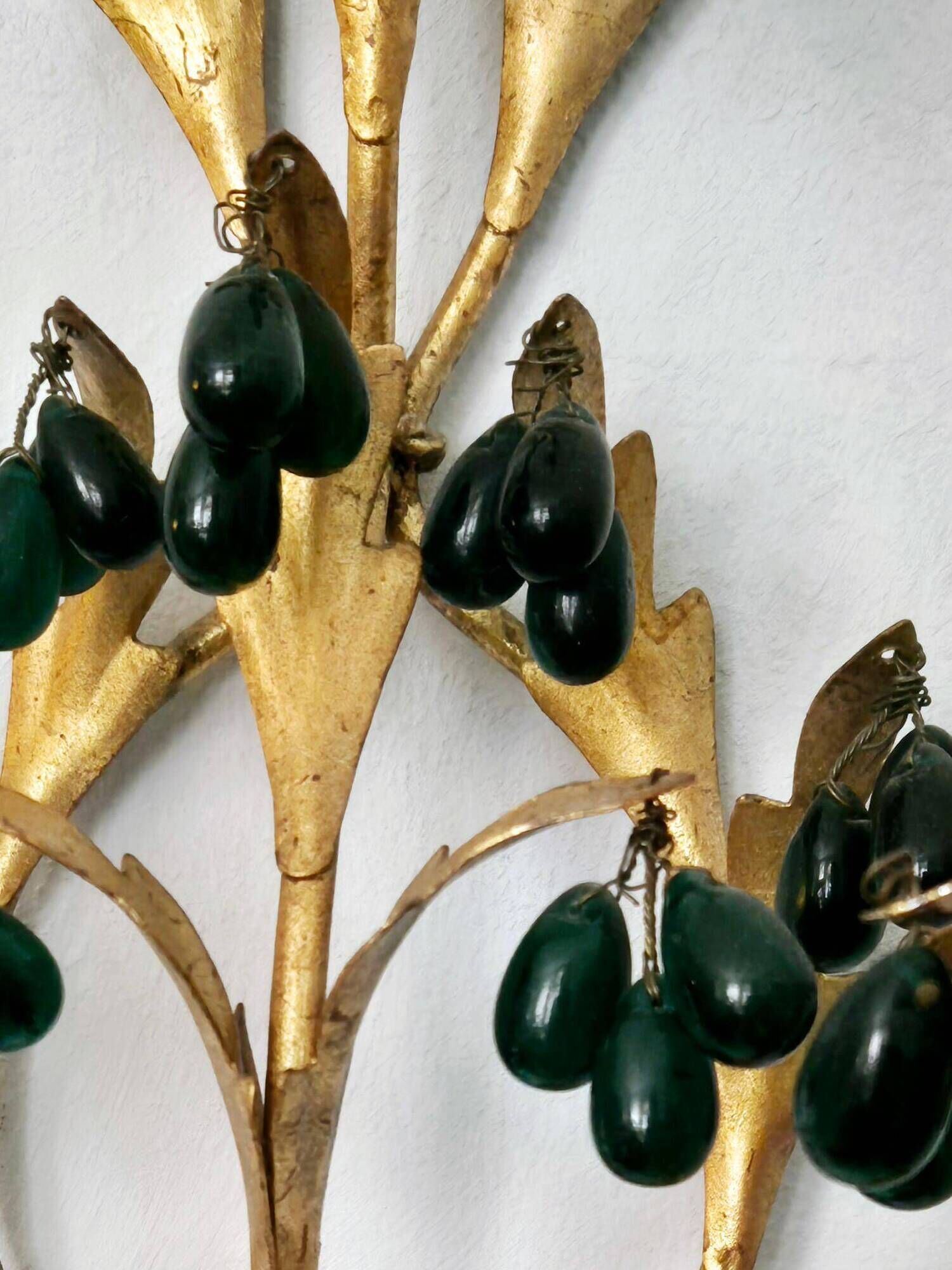 Lights, gold metal with green glass drops, Italy mid-1900s Regency.