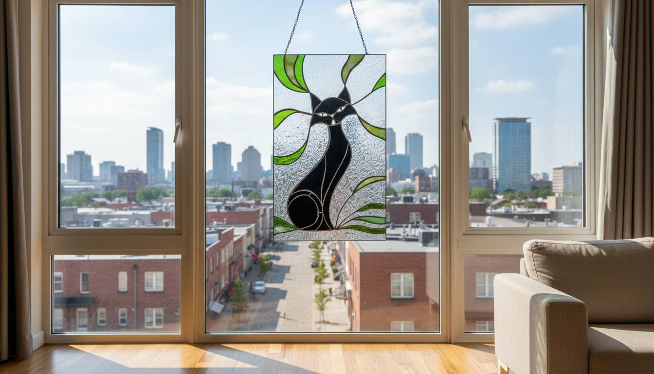 Vitrail chat – Style Tiffany fait main, panneau décoratif mural