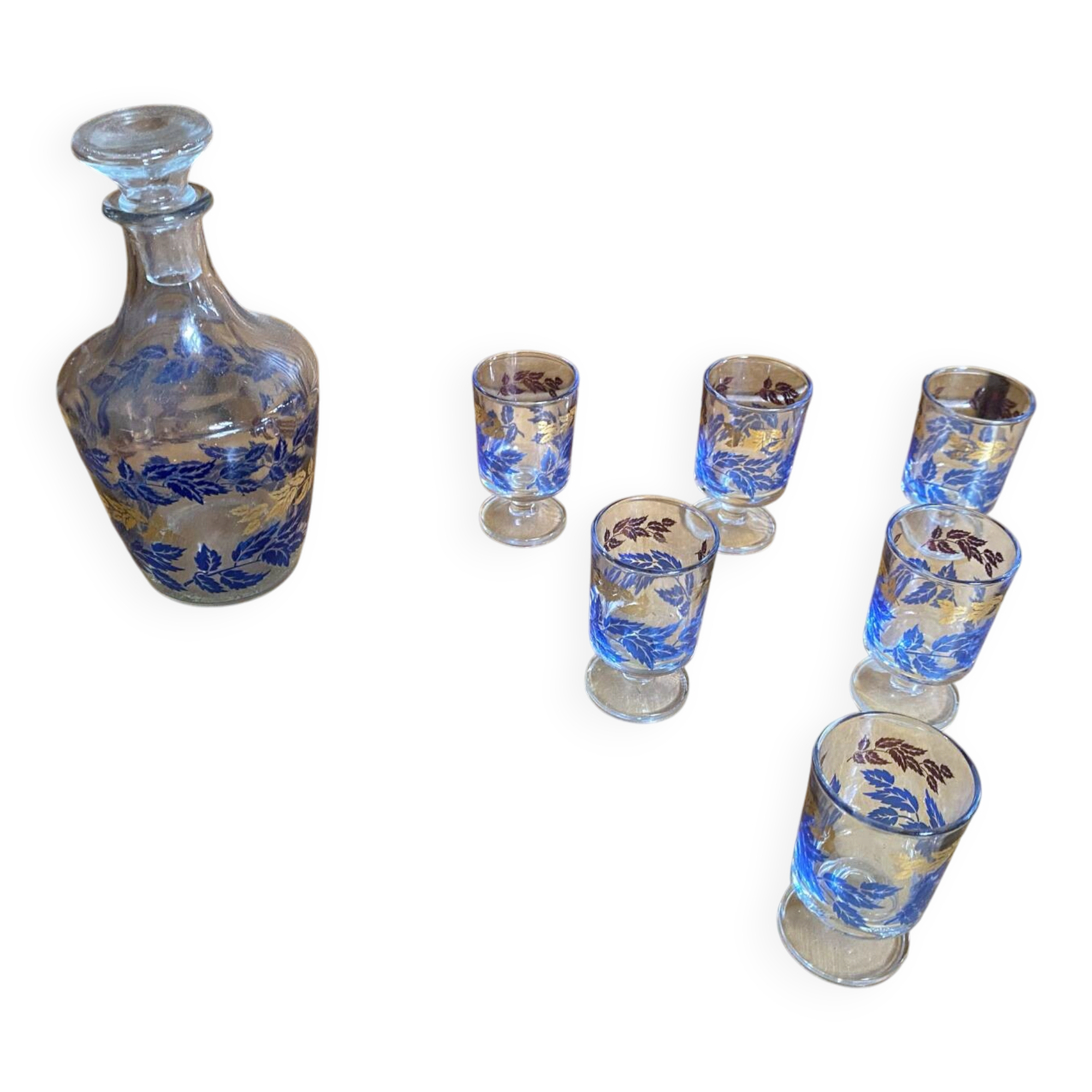 Service liqueur luminarc carafe + 6 verres verre moulé décor feuillage
