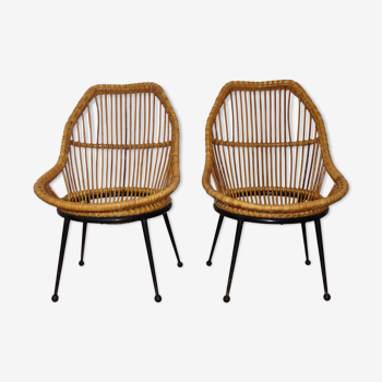 Pair of armchairs in rattan feet metal 1950s